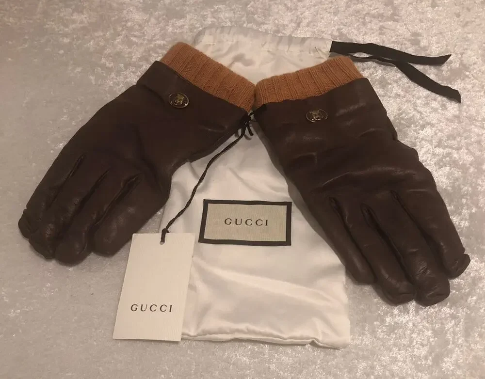 NWT Gucci Light Brown Leather Cashmere Lined Tiger Head Gloves Sz. 8.5/S $595.00